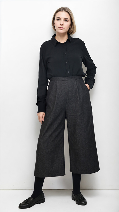 Model wearing cropped palazzo trousers. PDF sewing pattern from Angela Kane