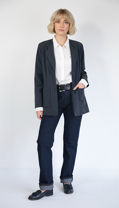 Model wearing PDF Sewing Pattern Panel Jacket 626 made up in striped blue suiting with the Every Day Skirt pattern 408 made up in lightweight deep blue Italian pure wool suiting