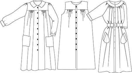 Three Shirtdress PDF sewing patterns, technical drawings, designed by Angela Kane