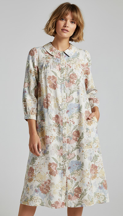 Pdf sewing pattern 709 Cooler Days Shirtdress shown here made up in a floral print line worn without a belt