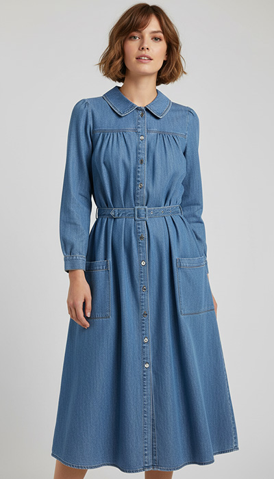 Pdf sewing pattern 709 Cooler Days Shirtdress shown here made up in denim, top-stitched with a self belt