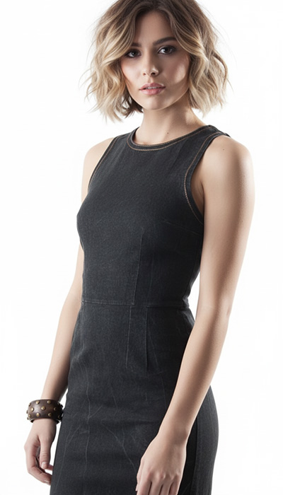 Photo of Pinafore Dress Sewing Pattern in Black Stretch Denim. Download Online PDF Sewing Pattern 721. An Angela Kane design.