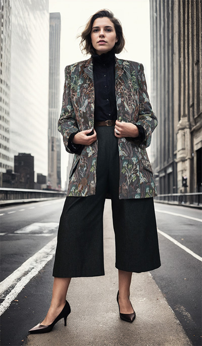 Model set in a street scene wearing 951 Cropped Palazzo Trousers made up in black denim