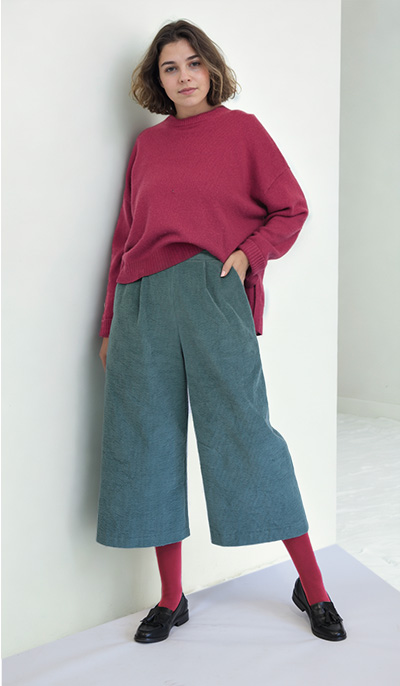 Model wearing cropped palazzo trousers. PDF sewing pattern from Angela Kane