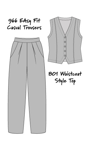 Technical drawings of two of my PDF Sewing Patterns. The 966 Easy Fit Casual Trousers and the 801 Waistcoat Style Top